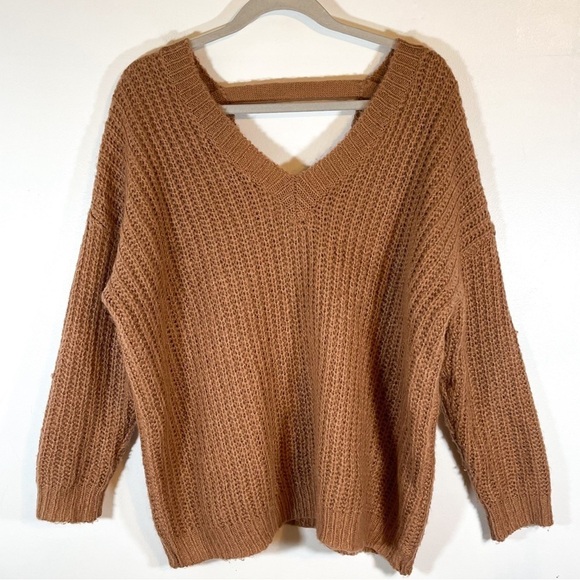 Dreamers Tan V Neck Chunky Knit Oversized long sleeve pullover sweater size s/m - Picture 1 of 8
